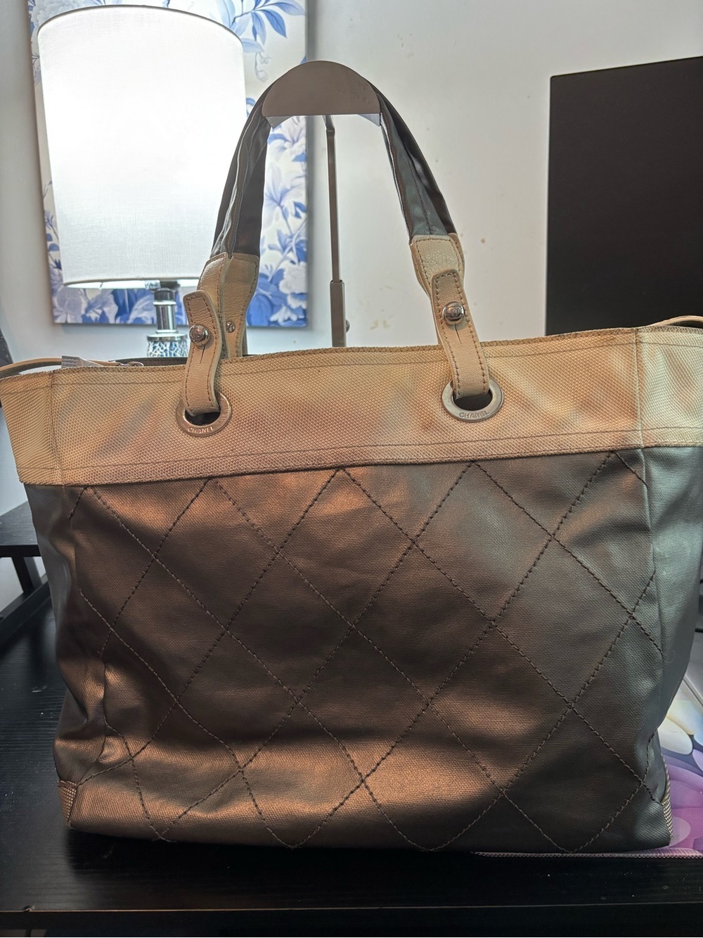 Authentic CHANEL Paris-Biarritz Coated Canvas Tote Bag MM W/Hologram & Foil Tag